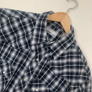 Wrangler Wrancher Western‎ Shirt Black Plaid Pearl Snaps Short Sleeves Men's XL